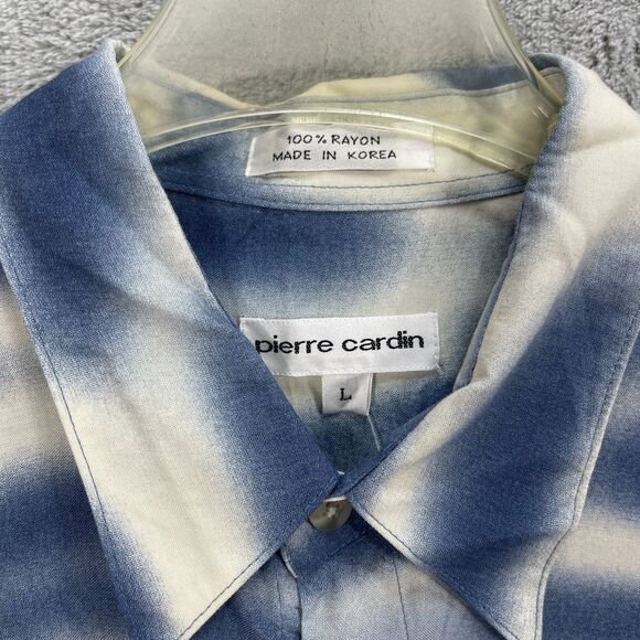 Vintage Pierre Cardin Hawaiian Shirt Mens Large Blue Palm Tree Print Button Up - Picture 7 of 12